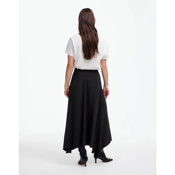 Madewell Asymmetric Midi Skirt Black 00 NWT Drapey Crepe High-Low Hem