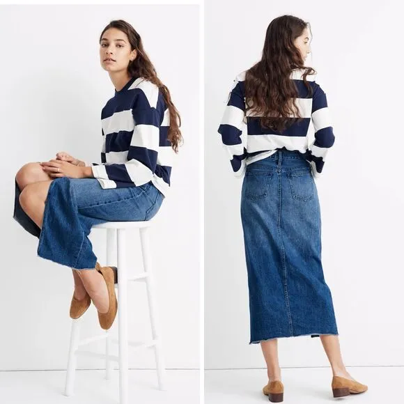 Madewell Rigid Denim Cutout Midi Jean Skirt Women 28 Front Slit Blue Raw Hem NWT