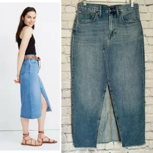 Madewell Rigid Denim Cutout Midi Jean Skirt Women 28 Front Slit Blue Raw Hem NWT