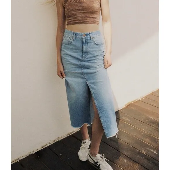 Madewell Rigid Denim Cutout Midi Jean Skirt Women 28 Front Slit Blue Raw Hem NWT