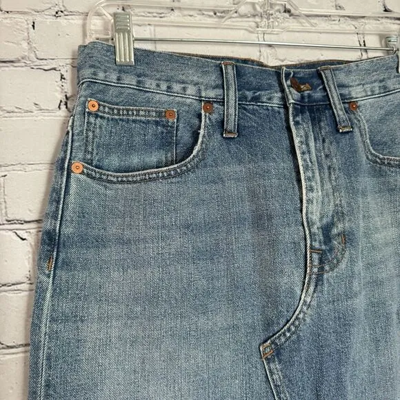 Madewell Rigid Denim Cutout Midi Jean Skirt Women 28 Front Slit Blue Raw Hem NWT