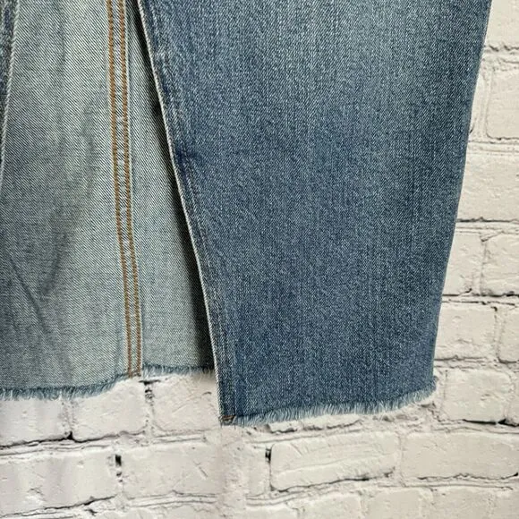 Madewell Rigid Denim Cutout Midi Jean Skirt Women 28 Front Slit Blue Raw Hem NWT