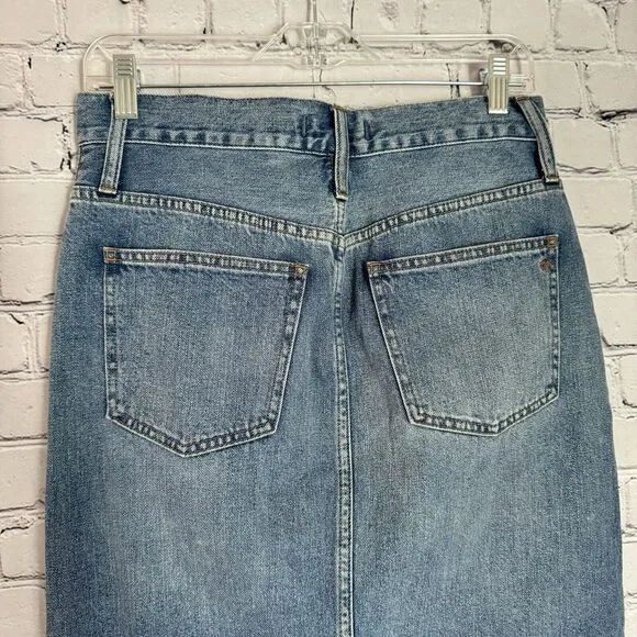 Madewell Rigid Denim Cutout Midi Jean Skirt Women 28 Front Slit Blue Raw Hem NWT