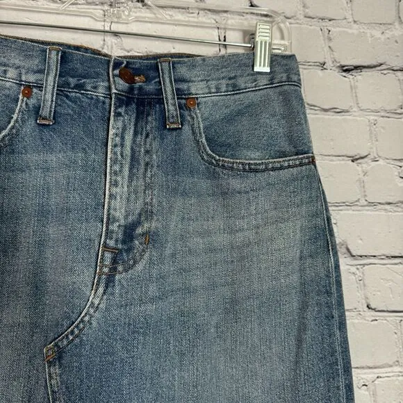 Madewell Rigid Denim Cutout Midi Jean Skirt Women 28 Front Slit Blue Raw Hem NWT