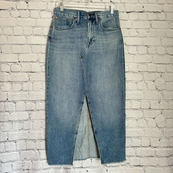 Madewell Rigid Denim Cutout Midi Jean Skirt Women 28 Front Slit Blue Raw Hem NWT