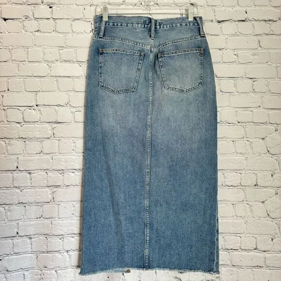 Madewell Rigid Denim Cutout Midi Jean Skirt Women 28 Front Slit Blue Raw Hem NWT