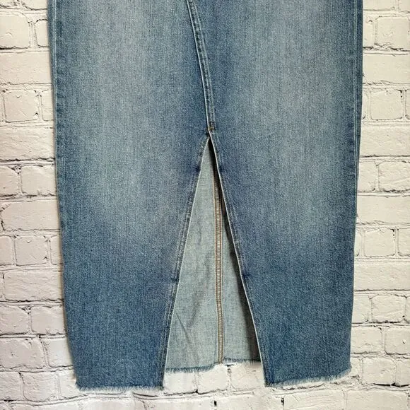 Madewell Rigid Denim Cutout Midi Jean Skirt Women 28 Front Slit Blue Raw Hem NWT