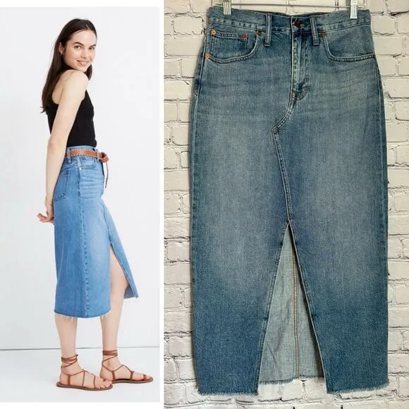 Madewell Rigid Denim Cutout Midi Jean Skirt Women 28 Front Slit Blue Raw Hem NWT