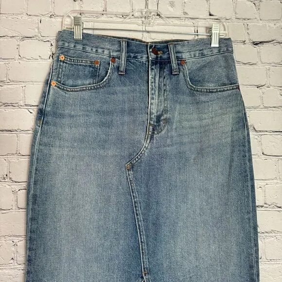 Madewell Rigid Denim Cutout Midi Jean Skirt Women 28 Front Slit Blue Raw Hem NWT