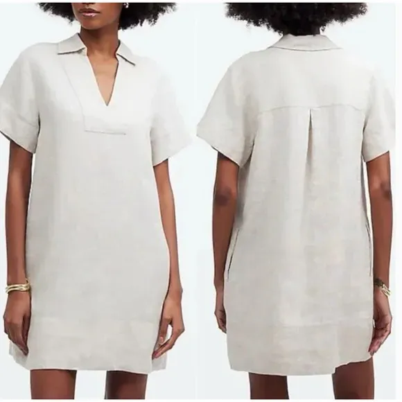 MADEWELL Linen Shirt Dress S NWT Natural Tan V-Neck NEW Shift Pockets NQ627
