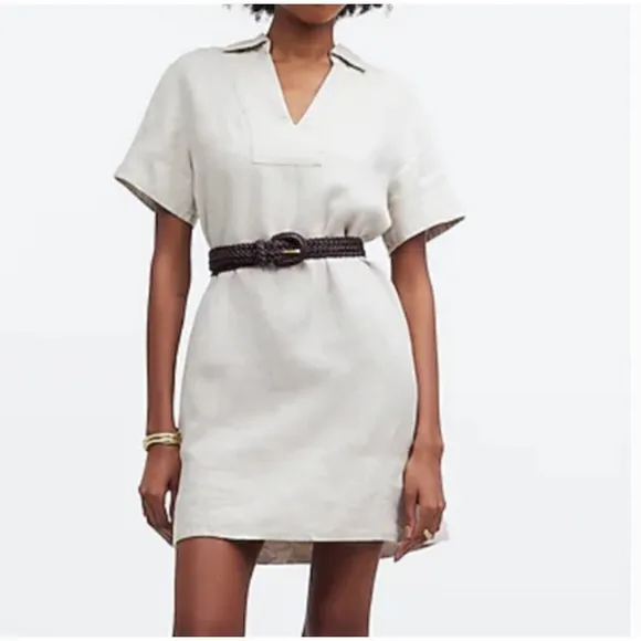 MADEWELL Linen Shirt Dress S NWT Natural Tan V-Neck NEW Shift Pockets NQ627