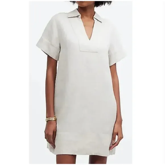 MADEWELL Linen Shirt Dress S NWT Natural Tan V-Neck NEW Shift Pockets NQ627
