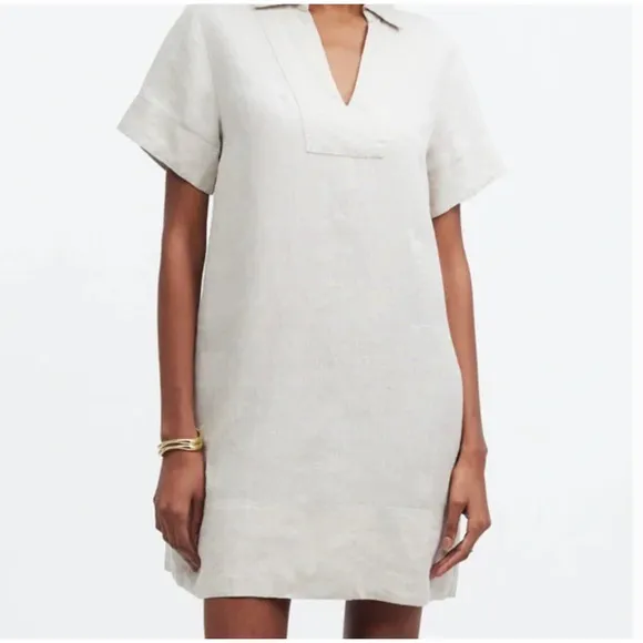 MADEWELL Linen Shirt Dress S NWT Natural Tan V-Neck NEW Shift Pockets NQ627