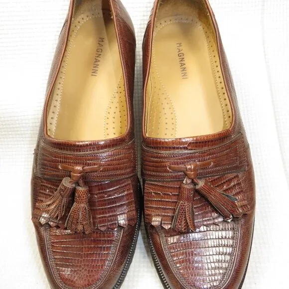Magnanni 11539 Lizard Leather Tassel Loafers Cognac Brown Men's 8 Made In Spain