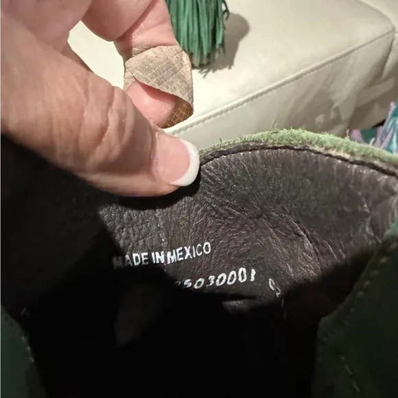Man made boots with fringe in green suede! Excellent quality! Fun &amp; unique