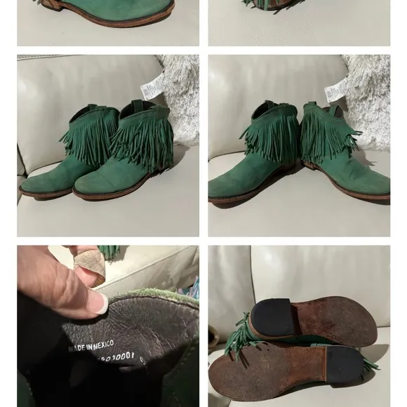 Man made boots with fringe in green suede! Excellent quality! Fun &amp; unique