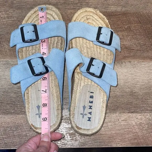 Manebi Womens Hamptons Nordic  Flat Suede Espadrille Sandals Sky Blue Size 7.5