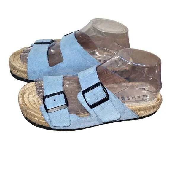 Manebi Womens Hamptons Nordic  Flat Suede Espadrille Sandals Sky Blue Size 7.5