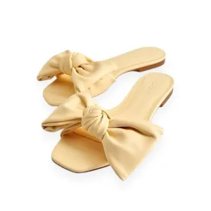 Mango Pale Pastel Yellow Leather Oversized Knot Detail Flat Sandals sz 36