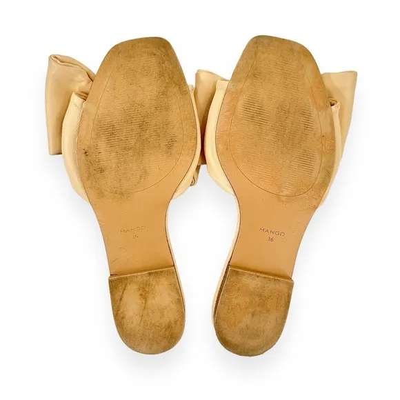 Mango Pale Pastel Yellow Leather Oversized Knot Detail Flat Sandals sz 36