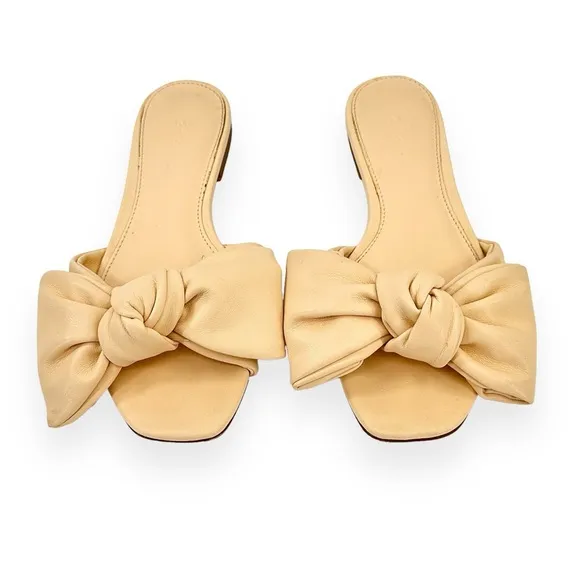 Mango Pale Pastel Yellow Leather Oversized Knot Detail Flat Sandals sz 36