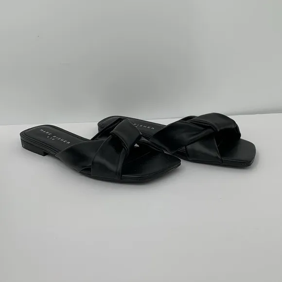 Marc Fisher Mayson slide flat black leather sandal shoe knot square new women 8