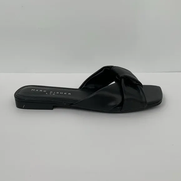Marc Fisher Mayson slide flat black leather sandal shoe knot square new women 8