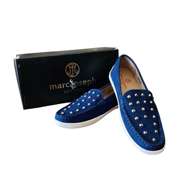 Marc Joseph Louisville leather silver studded slip-on loafers SZ 3.5 kids blue