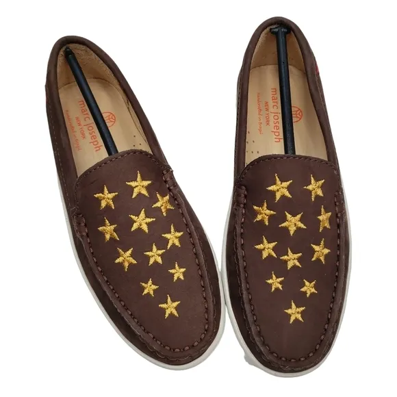 Marc Joseph | NIB Holland Brown Nobuck Gold Star Leather Chic Loafers Girl's 1.5