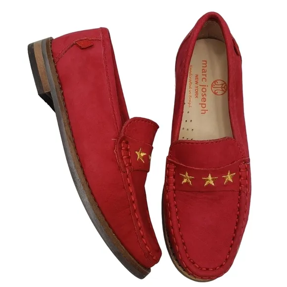 Marc Joseph | NIB Madison Red Nobuck Gold Star Preppy Leather Loafers Girl 11.5