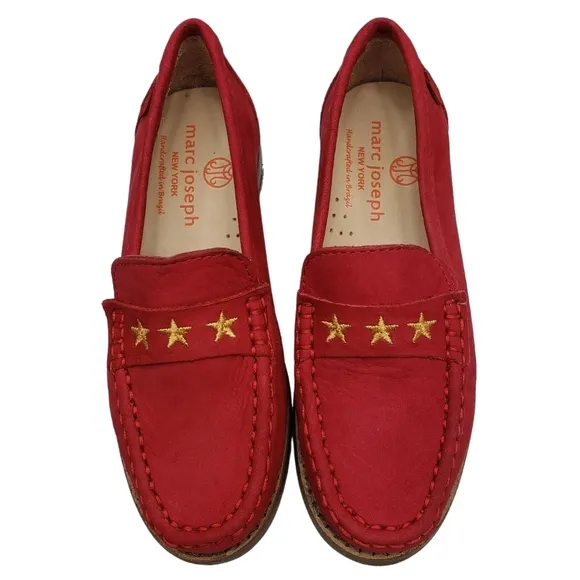 Marc Joseph | NIB Madison Red Nobuck Gold Star Preppy Leather Loafers Girl 11.5