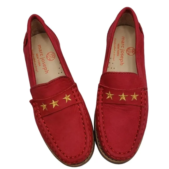 Marc Joseph | NIB Madison Red Nobuck Gold Star Preppy Leather Loafers Girl 11.5