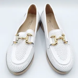 Mario Muzi White Leather Loafers Gold Hardware Laser Cutouts Women's Size 39