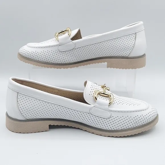 Mario Muzi White Leather Loafers Gold Hardware Laser Cutouts Women's Size 39
