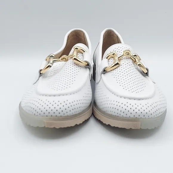 Mario Muzi White Leather Loafers Gold Hardware Laser Cutouts Women's Size 39