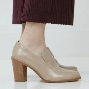 Maryam Nassir Zadeh Nora Heeled Loafers Patent Leather Cream Pump Sz 37 / 7 US
