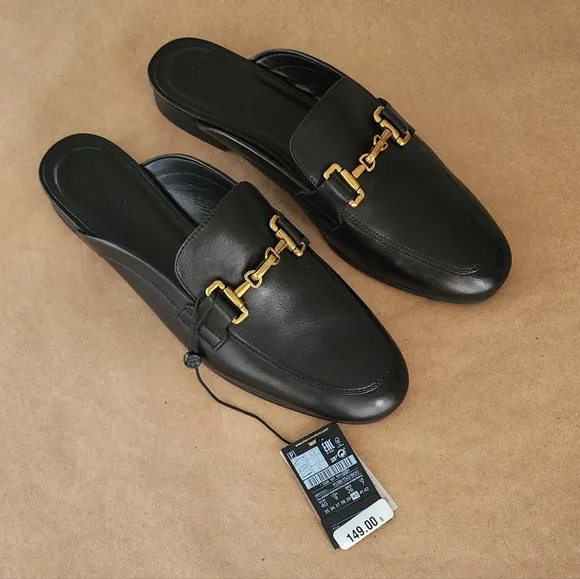 MASSIMO DUTTI Black Leather Mule Loafers Shoes Size 9 NWT