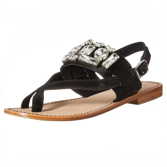 Matisse Womens Jules Embellished Flat Sandal Jewels Leather Black Tan CowHair 7