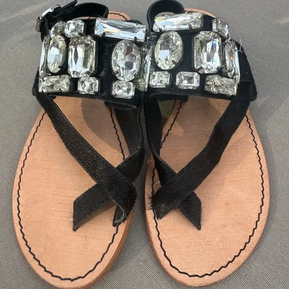 Matisse Womens Jules Embellished Flat Sandal Jewels Leather Black Tan CowHair 7
