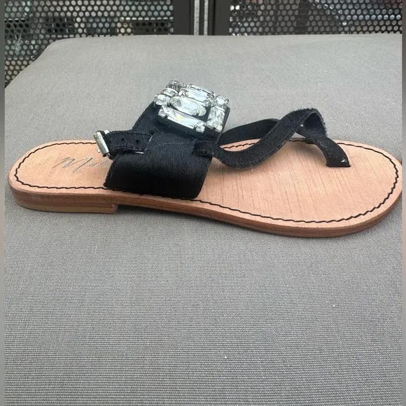 Matisse Womens Jules Embellished Flat Sandal Jewels Leather Black Tan CowHair 7