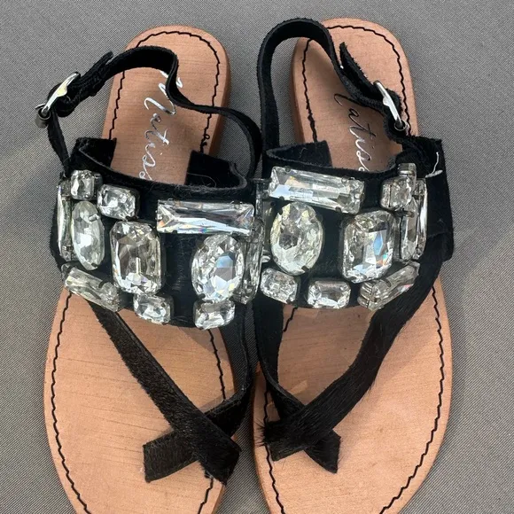 Matisse Womens Jules Embellished Flat Sandal Jewels Leather Black Tan CowHair 7