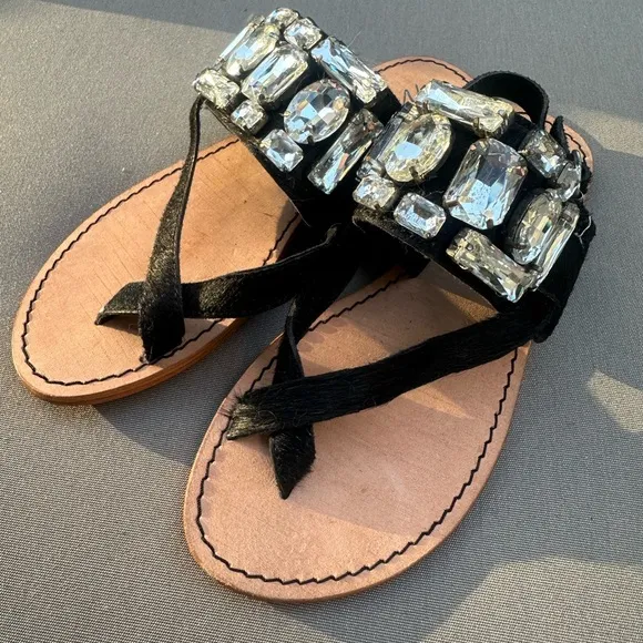 Matisse Womens Jules Embellished Flat Sandal Jewels Leather Black Tan CowHair 7