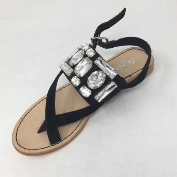 Matisse Womens Jules Embellished Flat Sandal Jewels Leather Black Tan CowHair 7