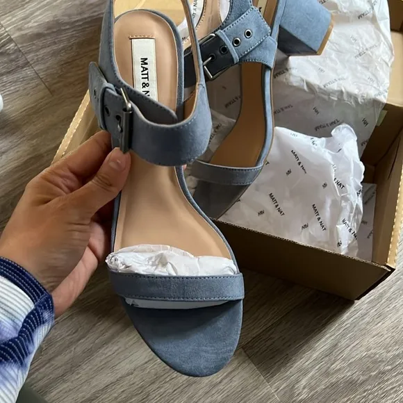 Matt &amp; Nat Wam Denim Strap Sandals Vegan Heeled Sandals in Sky Blue 40/10
