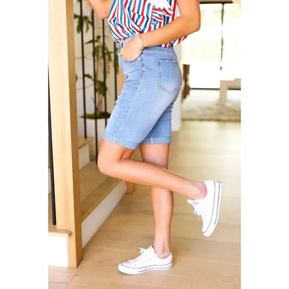 Medium Blue High Rise Distressed Bermuda Denim Shorts