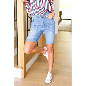 Medium Blue High Rise Distressed Bermuda Denim Shorts
