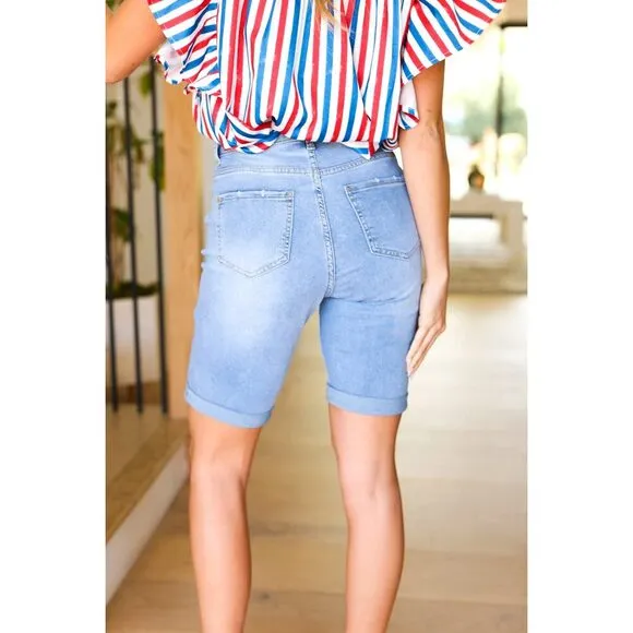Medium Blue High Rise Distressed Bermuda Denim Shorts