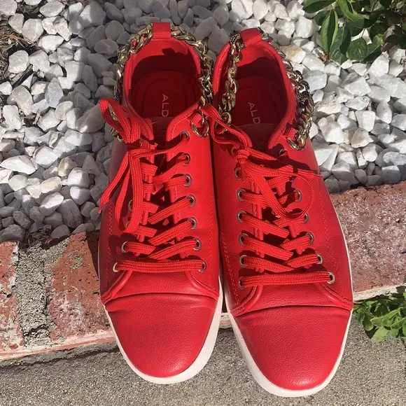 MEN’S ALDO RED LEATHER CASUAL SNEAKERS CHAIN DETAIL SZ 11