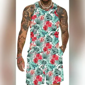 ‼️Men's Floral Tank Top Set Sleeveless Tees Outfit Luxury Print Casual Sport T-S
