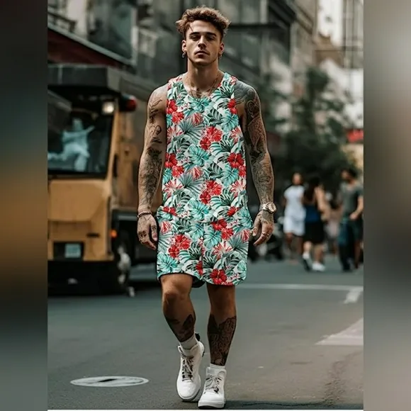 ‼️Men's Floral Tank Top Set Sleeveless Tees Outfit Luxury Print Casual Sport T-S